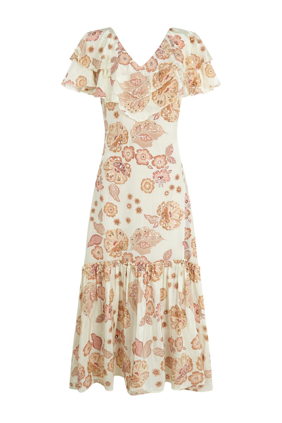 VESTIDO VOLANTE FLORES | MOD. SALOMÉ BEIGE | Tienda online de moda femenina de autor
